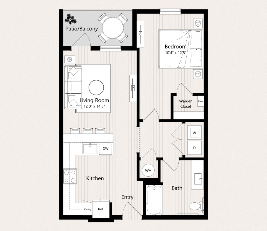 Floor plan for 1 bed, 1 bath, 727 sqft